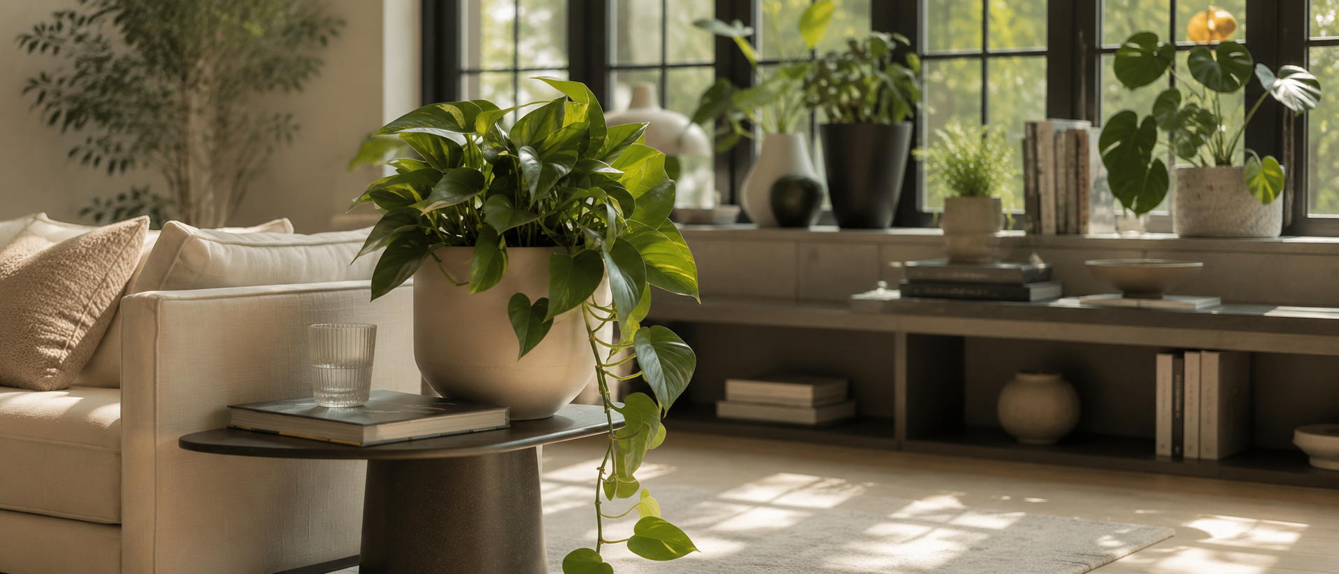 Modern home interior styled with indoor planters and decorative vases