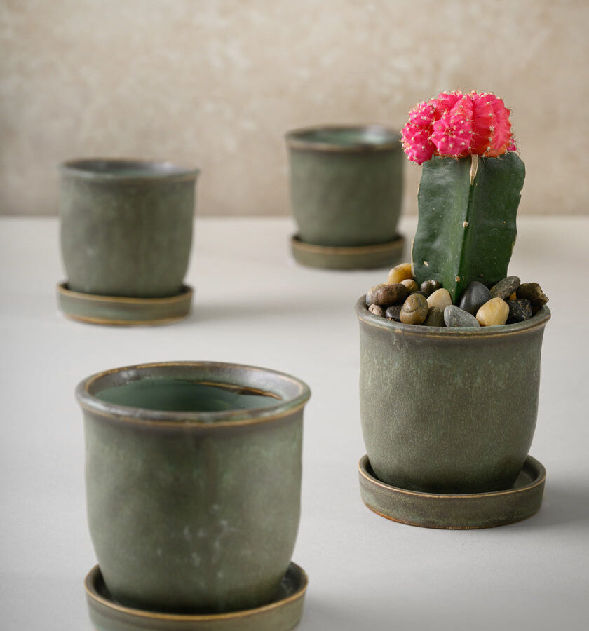 3in Tall Aged Green Ceramic Pot with Saucer Set of 4
